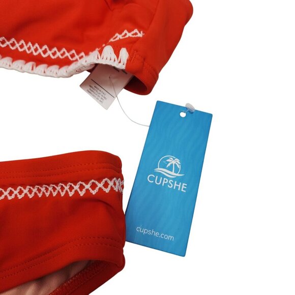 Cupshe Red Crochet Trim Bikini Set Cross Back Straps High-Waisted Womens SZ L - Picture 4 of 6